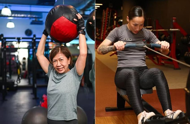  ​Madam Woon Mee Yin (left) credits gym workouts for helping her to lose 15kg and stay trim, and Ms Tuvshintugs Javkhlantuul (right) lost her pregnancy weight within two years of the birth of each son by taking gentle walks. ST PHOTOS SHINTARO TAY, LUTHER LAU 
