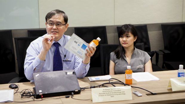  ​Professor Tan Kok Hian said screening is the most effective way to avoid under-diagnosing gestational diabetes mellitus, and to detect and manage it early. Pregnant women are screened with an oral glucose tolerance test using a flavoured sweet drink as shown here.